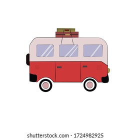 Una imagen plana de una furgoneta roja de viaje con maletas retro
