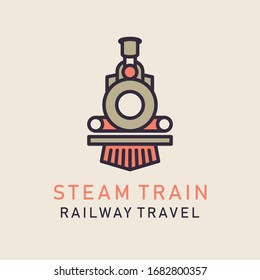 Flat Image Of Retro Steam Train. Locomotive Logo. Railway Vector Image