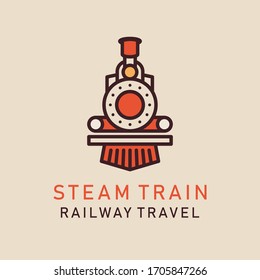 Flat image of retro steam train. Locomotive logo. Railway vector image