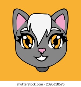 Flat image of a smiling gray cat  with white haircut and yellow eyes on yellow square background.