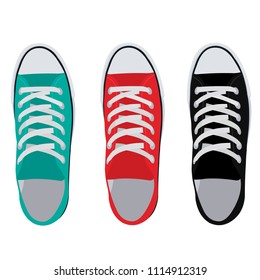 Flat image of sneakers. Sneakers are red , black, turquoise. Simple sneakers in different colors