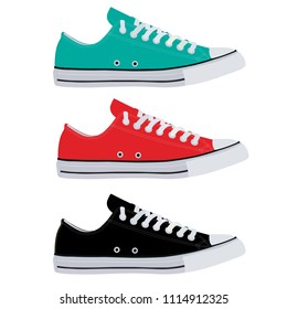 Flat image of sneakers. Sneakers are red , black, turquoise. Simple sneakers in different colors