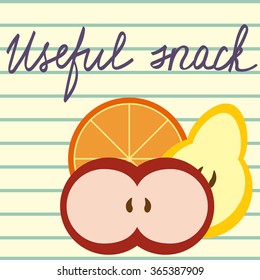 Flat image of some fruits which can be used as useful snacks between meals. Augmented with inscription. Striped background. Food industry, design element, catering and meal service decoration.