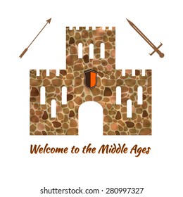 Flat image stone tower of an ancient castle on a white background. Vector illustration.