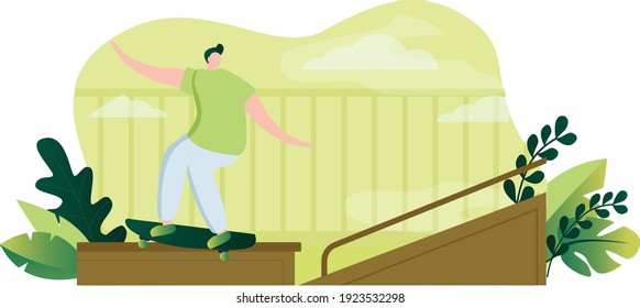 Flat image of students studying in class and playing sports in the garden