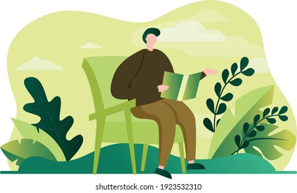 Flat image of students studying in class and playing sports in the garden
