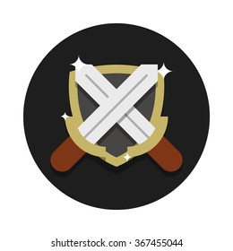 flat image of two crossed steel swords and the shield with highlights on the circle background
