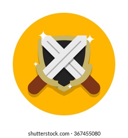 flat image of two crossed steel sword and the shield with highlights on the circle background