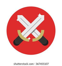 flat image of two crossed steel swords and the shield with highlights on the circle background