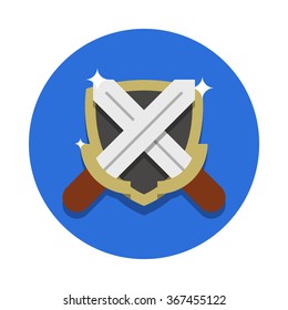 flat image of two crossed steel swords and the shield with highlights on the circle background