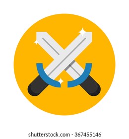 flat image of two crossed steel sword with highlights on the circle background