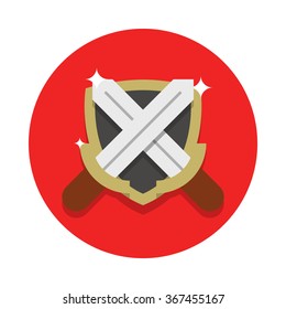 flat image of two crossed steel swords and the shield with highlights on the circle background