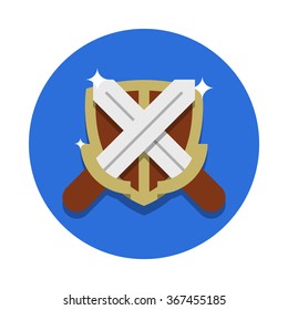 flat image of two crossed steel swords and the shield with highlights on the circle background