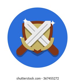 flat image of two crossed steel swords and the shield with highlights on the circle background