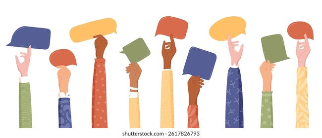 Flat image of volunteer hands holding colorful speech bubbles. Diverse and multicultural community displays solid support and human connection. Solidarity concept for charity aid projects.