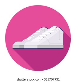 Flat image of white detailed high top shoes on pink circle background