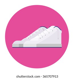 Flat image of white high top shoes with blue details on pink circle background
