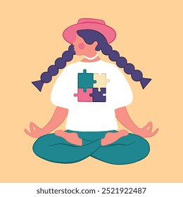 Flat image. Yoga. Yogini Girl practicing yoga, sitting in lotus pose, purple hair, pink hat, white t-shirt with image of puzzle.Yoga club. Bright illustration in modern flat style. Vector illustration