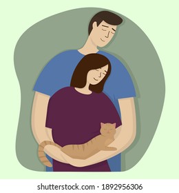 Flat image of a young married couple with their pet. Vector graphics showing the family idyll of people in love.