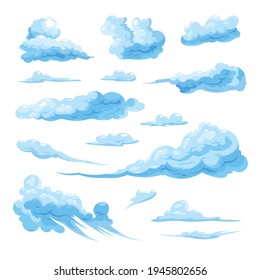 Flat images of different shapes blue clouds on white background isolated  vector illustration