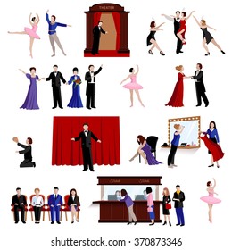 Flat images set of scenes with theater people from ballerina and actors to spectators isolated vector illustration