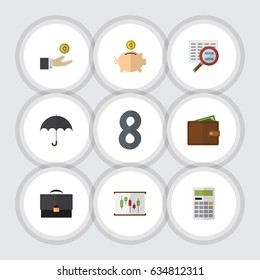 Flat Incoming Set Of Billfold, Parasol, Hand With Coin Vector Objects. Also Includes Coin, Calculate, Briefcase Elements.