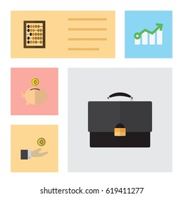 Flat Incoming Set Of Counter, Hand With Coin, Portfolio Vector Objects. Also Includes Portfolio, Abacus, Bank Elements.