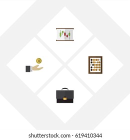 Flat Incoming Set Of Hand With Coin, Portfolio, Diagram Vector Objects. Also Includes Chart, Briefcase, Abacus Elements.