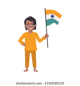 Flat indian teen boy kid standing smiling holding national flag. Cheerful young male asian character with state sign. Vector isolated illustration