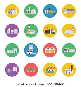 Flat industrial buildings and factories icons
