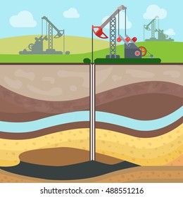 Flat Industrial drilling rig and Oil field, Soil layers vector illustration. Extraction of nature resources concept.