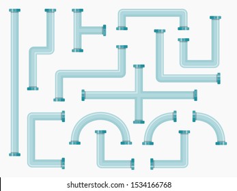 Flat industrial pipes collection with plumbing pipeline parts of different shapes. Isolated vector illustration