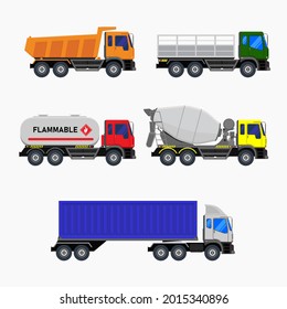 Flat industrial vehicle set. lorry, fuel tanker truck, mixer truck illustration. vehicles vector Illustrations