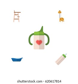 Flat Infant Set Of Child Chair, Nursing Bottle, Feeder And Other Vector Objects. Also Includes Feeder, Children, Bathing Elements.