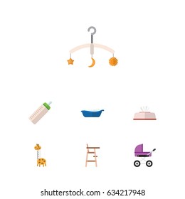 Flat Infant Set Of Child Chair, Feeder, Bathtub And Other Vector Objects. Also Includes Bathing, Napkin, Stool Elements.