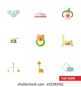 Flat Infant Set Of Children Scales, Mobile, Rattle And Other Vector Objects. Also Includes Scales, Beanbag, Box Elements.