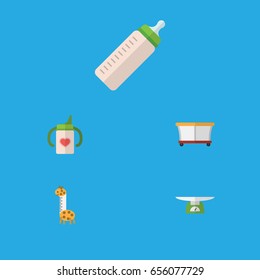 Flat Infant Set Of Children Scales, Nursing Bottle, Playground And Other Vector Objects. Also Includes Feeder, Weighing, Playpen Elements.