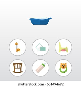 Flat Infant Set Of Infant Cot, Bathtub, Toilet And Other Vector Objects. Also Includes Potty, Infant, Napkin Elements.