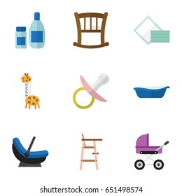 Flat Infant Set Of Infant Cot, Bathtub, Nipple And Other Vector Objects. Also Includes Bathing, Towel, Cradle Elements.