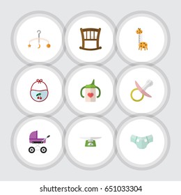 Flat Infant Set Of Infant Cot, Toy, Pinafore And Other Vector Objects. Also Includes Stroller, Pinny, Soothers Elements.
