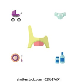 Flat Infant Set Of Cream With Lotion, Toilet, Nappy And Other Vector Objects. Also Includes Toilet, Pram, Diaper Elements.