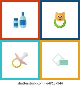 Flat Infant Set Of Cream With Lotion, Napkin, Nipple And Other Vector Objects. Also Includes Beanbag, Nipple, Towel Elements.