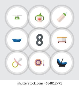 Flat Infant Set Of Feeder, Bathtub, Playground And Other Vector Objects. Also Includes Children, Pram, Baby Elements.