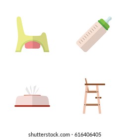 Flat Infant Set Of Feeder, Child Chair, Toilet And Other Vector Objects. Also Includes Napkin, Bottle, Tissue Elements.