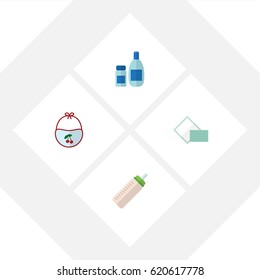 Flat Infant Set Of Feeder, Pinafore, Napkin And Other Vector Objects. Also Includes Cosmetics, Tissue, Bib Elements.