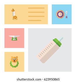Flat Infant Set Of Feeder, Rattle, Toy And Other Vector Objects. Also Includes Feeder, Baby, Rattle Elements.