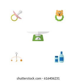 Flat Infant Set Of Mobile, Children Scales, Rattle And Other Vector Objects. Also Includes Children, Cosmetics, Lotion Elements.