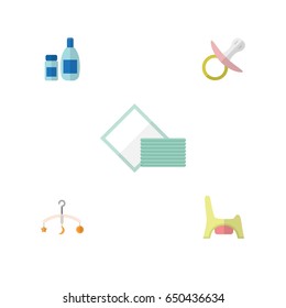 Flat Infant Set Of Mobile, Cream With Lotion, Nipple And Other Vector Objects. 