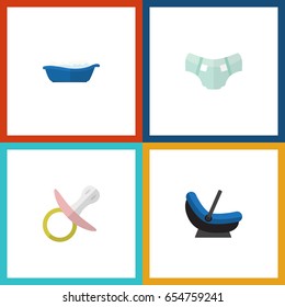 Flat Infant Set Of Nappy, Bathtub, Pram And Other Vector Objects. Also Includes Nappy, Pampers, Soothers Elements.