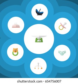 Flat Infant Set Of Nappy, Children Scales, Tissue And Other Vector Objects. Also Includes Baby, Bear, Mobile Elements.